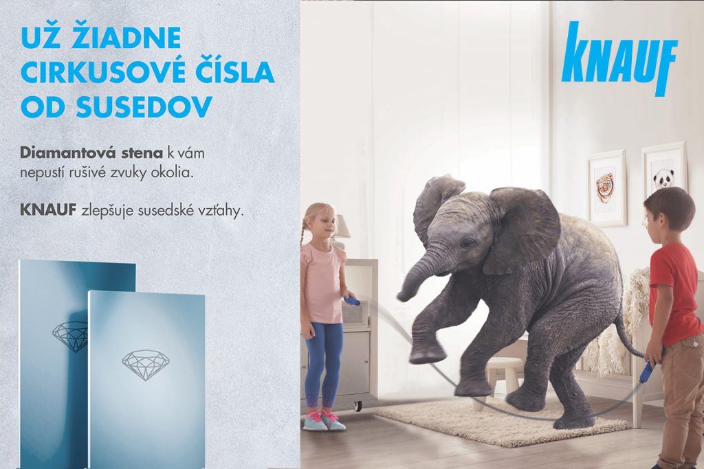 Knauf-Kampaň, slon skáče cez švihadlo v detskej izbe