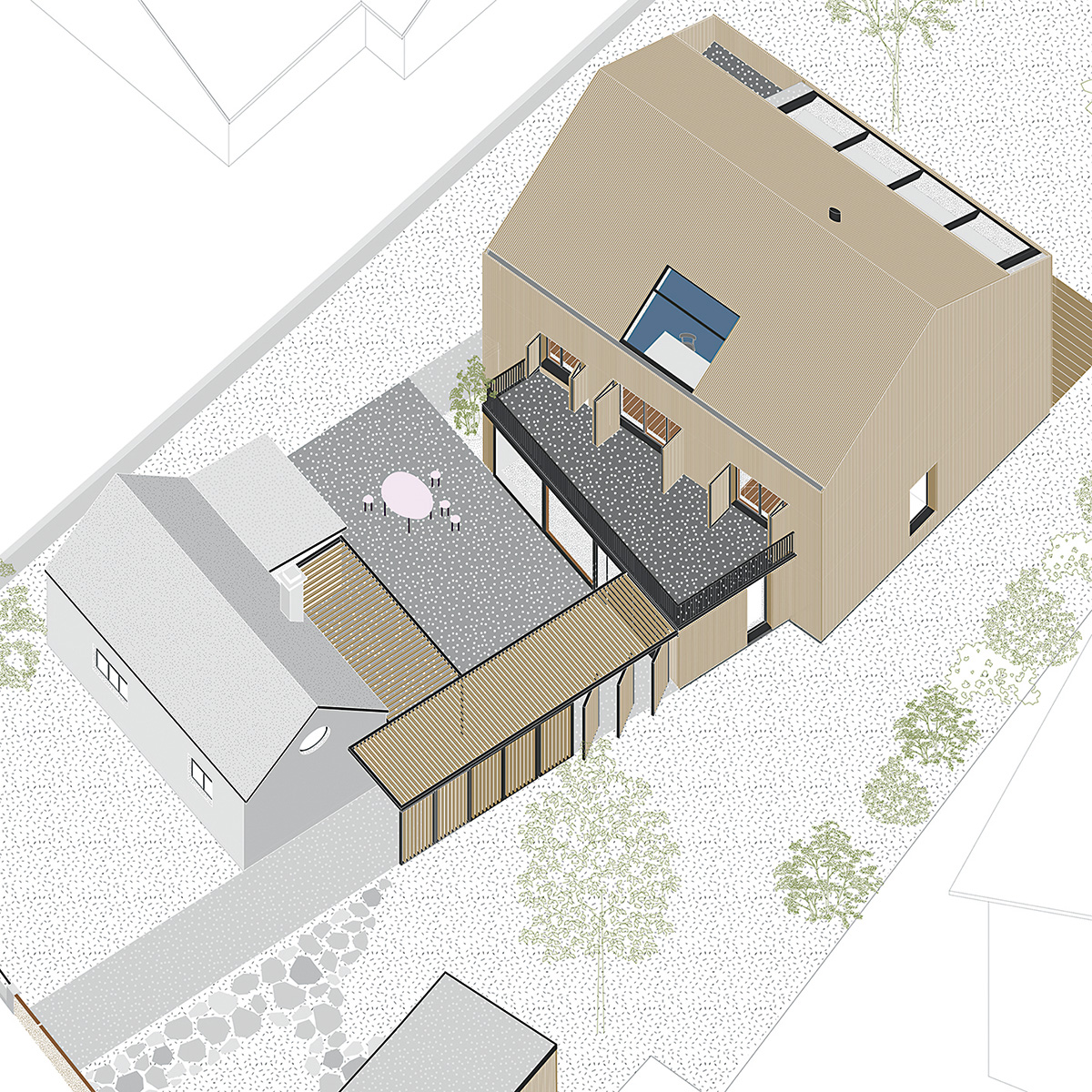 Náčrt architektov zobrazuje pohľad na rodinnú usadlosť zhora.