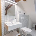 Biela kúpeľňa s bielou mozaikou na stenách i podlahe, na strope viditeľné drevo. Pohľad na umývadlo, podsvietené zrkadlo a toaletu.