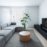 Obývačka v byte so svetlosivou sedačkou, sivým kobercom, čiernou televíznou skrinkou a okrúhlym konferenčným stolíkom v lososovej farbe.