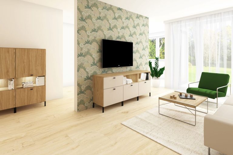 Vizualizácia obývačky s televízorom na stene, zeleným kreslom, stolíkom a skrinkami.