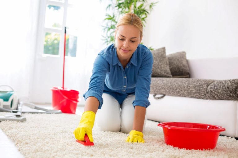 Žena čistí koberec v obývačke kefou a vodou.