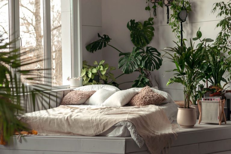 Posteľ pri okne, obklopená izbovými rastlinami.