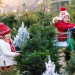 Dve deti vo vianočnom oblečení pri výbere vianočného stromčeka.
