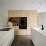 Záber na úložné priestory v kuchyni v drevenom dizajne so zabudovanými spotrebičmi.