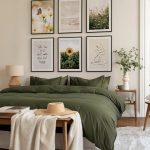 Borovicová spálňa s manželskou posteľou s obliečkami v tmavej zelenej farbe.