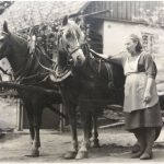 Dochovaná fotografia ženy s konským povozom pred rodinným domom.