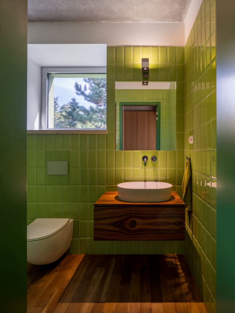 Jedna z toaliet v dome so zeleným obkladom stien a podlahy