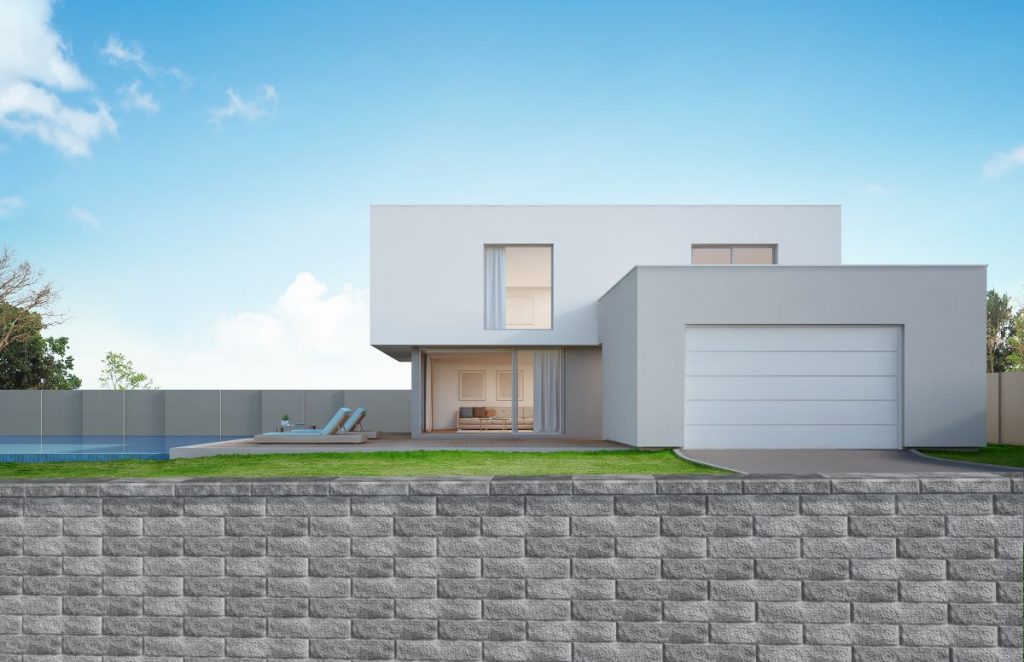 Vizualizácia rodinného domu s plotom Blok Mac v sivo-grafitovej.