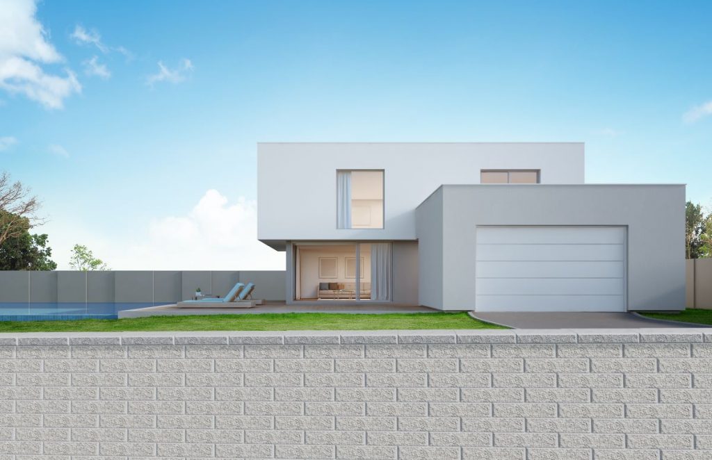 Vizualizácia rodinného domu s plotom Blok Mac v sivej.
