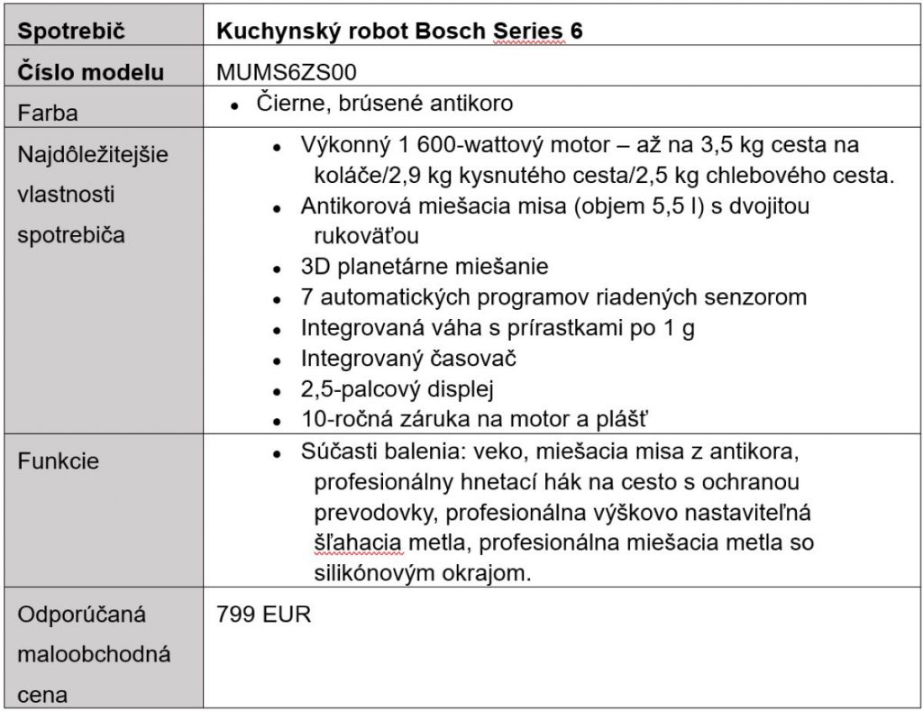 Tabuľka základných informácií o kuchynskom robote Bosch Series 6.