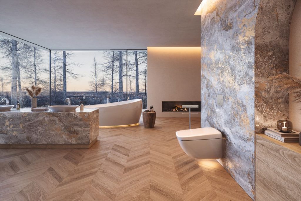 Luxusná kúpeľňa s veľkými oknami, podsvietenými stenami i hygienickými prvkami, kamenným obkladom a drevenou podlahou.