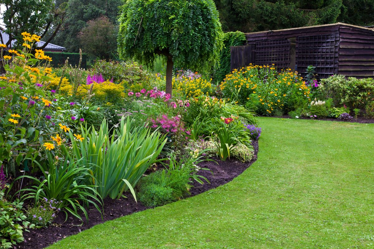Záhrada so záhonmi kvetov a upraveným trávnikom.