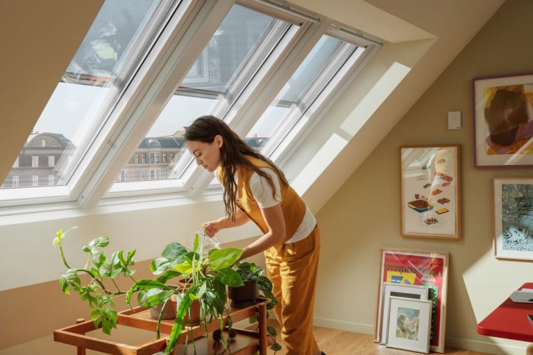 Mladá žena zalieva izbové rastliny v podkroví pod streršnými oknami.