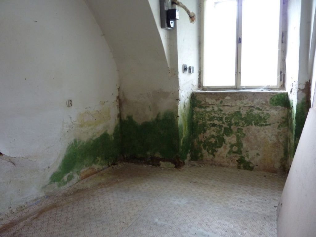 Vlhké steny a poškodená omietka v interiéri fary v Chudeniciach pred rekonštrukciou.