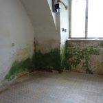 Vlhké steny a poškodená omietka v interiéri fary v Chudeniciach pred rekonštrukciou.
