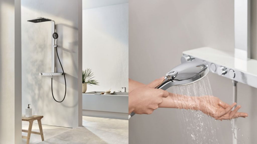 Sprchovací systém Grohe v kúpeľni a detail na ruku púšťajúcu na pokožku vody so sprchovej hlavice Grohe.