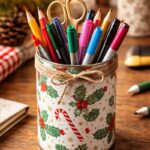Plechovka obalená vianočným baliacim papierom ako stojan na perá.