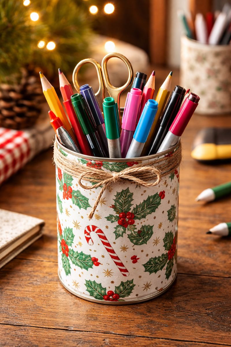 Plechovka obalená vianočným baliacim papierom ako stojan na perá.