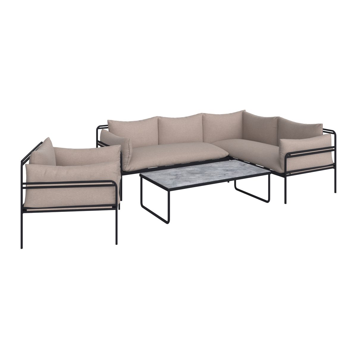 Sedacia súprava Anny Bessagi Garden: materiál kov, sklo, textil zostava pohovka, kreslo, stôl a sedáky cena 899 €.