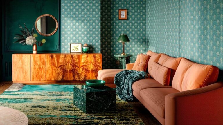 Elegantný interiér so vzorovanou tmavozelenou tapetou, smaragdový stôl, smaragdové doplnky, retro drevená skrinka, terakotová sedačka.