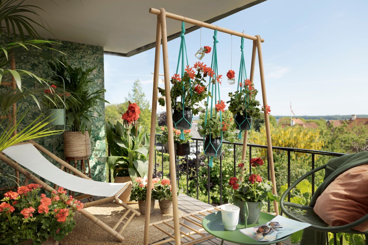 Závesné črepníky s muškátmi a pohodlným ležadlom medzi rastlinami na balkóne.
