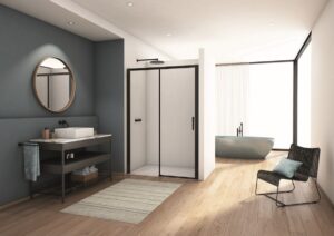 Moderná kúpeľňa s walk-in sprchovým kútom s čiernym rámom a kovovou skrinkou s umývadlom.