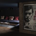Domáce kino s tmavou sedačkou, vankúšmi so srdcom a veľkým filmovým plagátom.