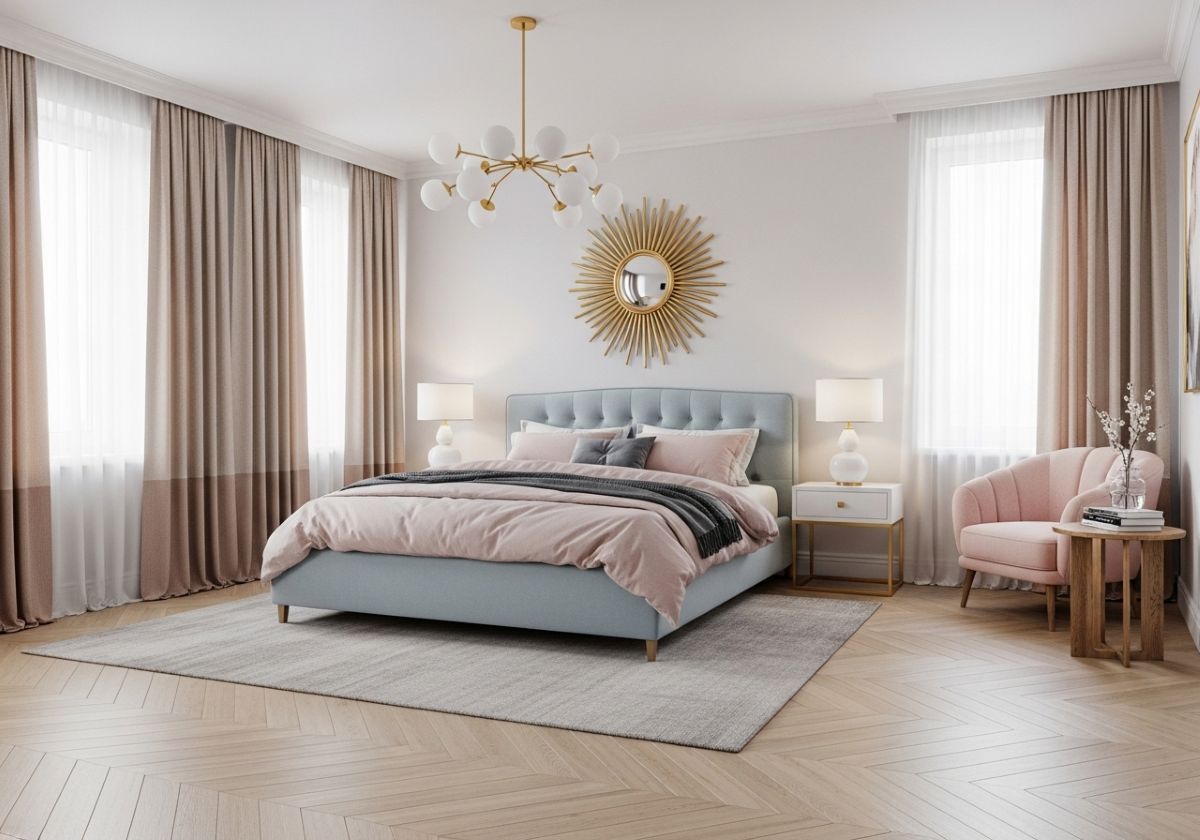 Moderná spálňa s čalúnenou posteľou, zrkadlom v štýle art deco a zamatovým ružovým kreslom.