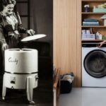 Stará čiernobiela fotografia s práčkou Candy Hoover a moderná práčka s mladu ženou.