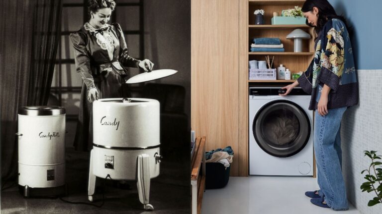 Stará čiernobiela fotografia s práčkou Candy Hoover a moderná práčka s mladu ženou.