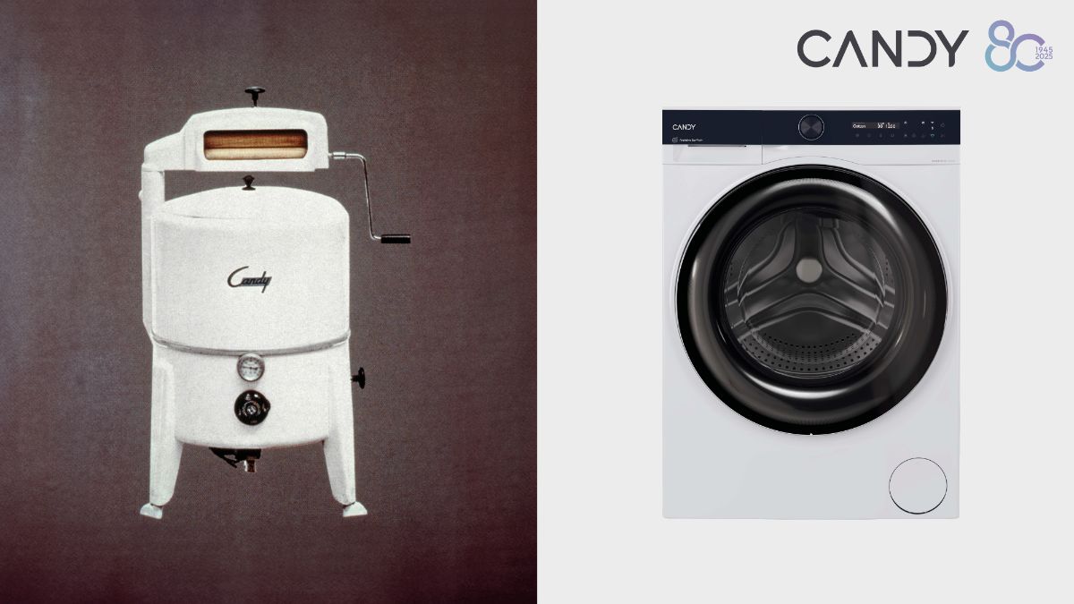 Retro práčka Candy Hoover z roku 1945 a moderný model.
