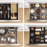 Súhrn štyroch bielych kuchynských zásuviek s rôznymi organizérmi na príbory, hrnce a nádoby na potraviny.