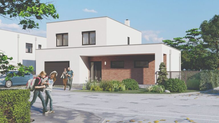 Moderný rodinný dom s rovnou strechou.