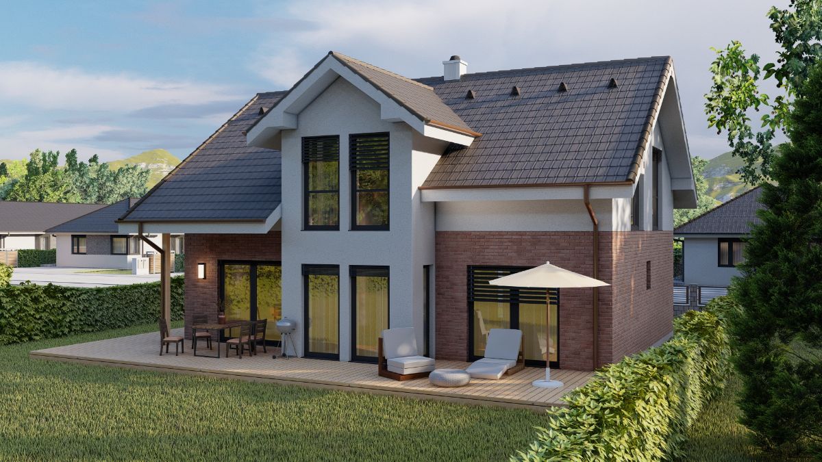 Moderný rodinný dom s tehlovou a bielou fasádou a terasou.