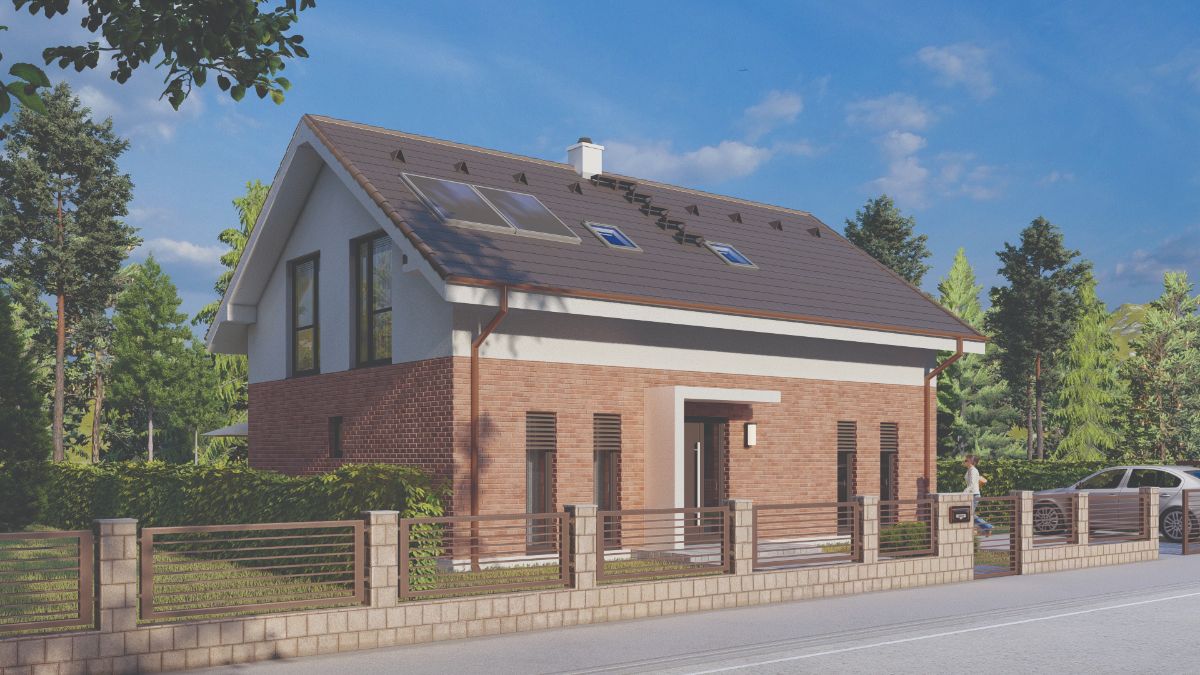 Moderný rodinný dom so sedlovou strechou a tehlovou fasádou.