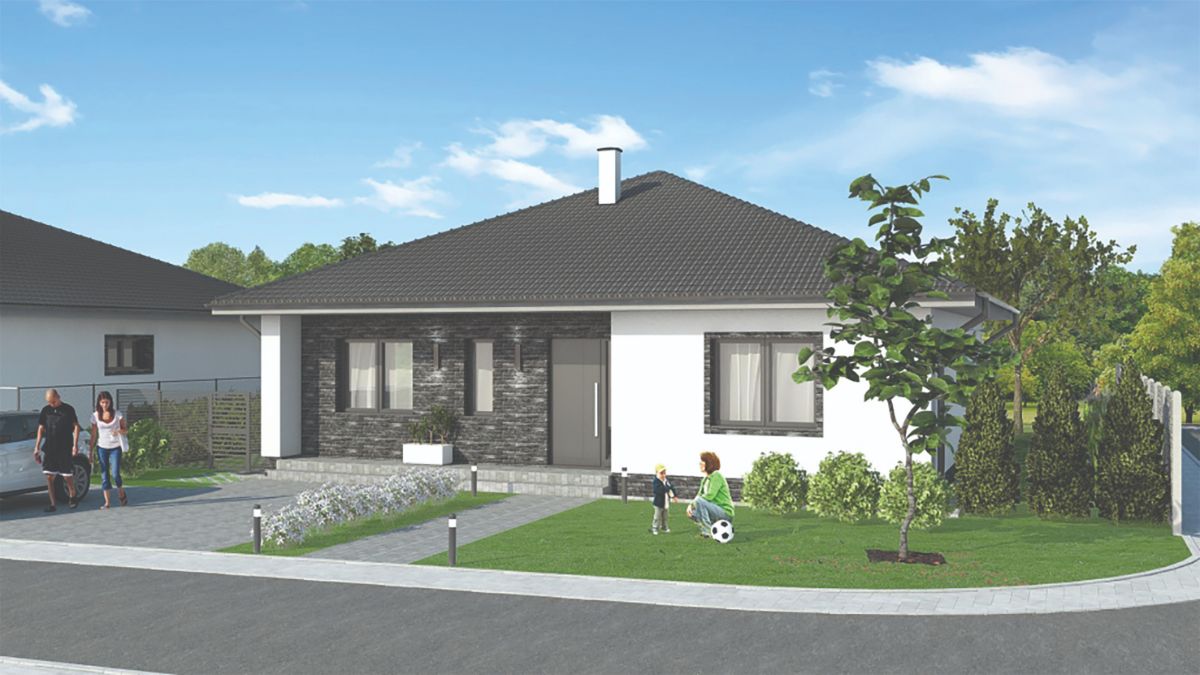 Moderný bungalov so stanovou strechou.