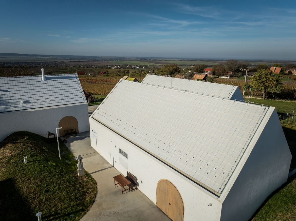 Časť moderných rodinných domov so sedlovou strechou a oblúkovými drevenými dverami.