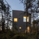 Bočná fasáda tmavej chaty v prírode s nepravidelnými oknami.