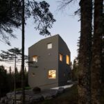 Bočná fasáda tmavej chaty v prírode s nepravidelnými oknami.