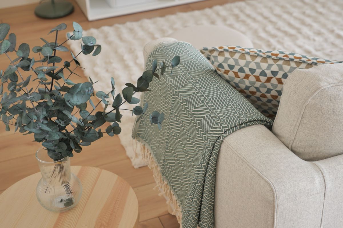 Detaily interiéru v boho štýle s pohovkou, eukalyptom a plédom v odtieni Warm Eucalyptus od Valspar.