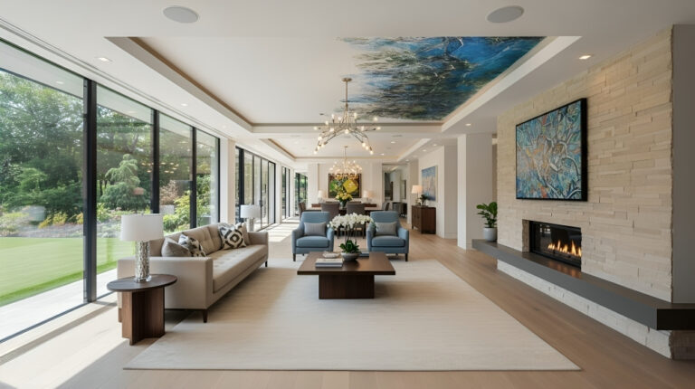 Luxusná obývačka s celopresklenou stenou, kamenným krbom, krémovým kobercom a modro-zelenou stropnou maľbou.