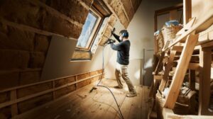 Muž pri montáži sadrokartónu na šikmú stenu.