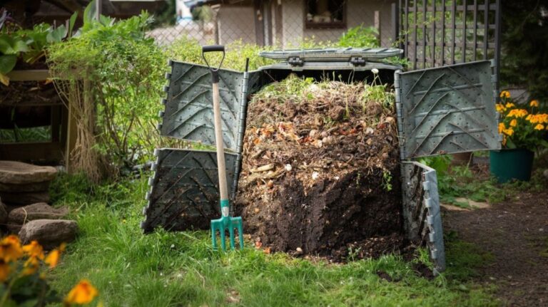 Otvorený kompostér na dvore s organickým materiálom vnútri