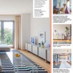 Interiér s pruhovaným kobercom a priehľadným stolíkom.