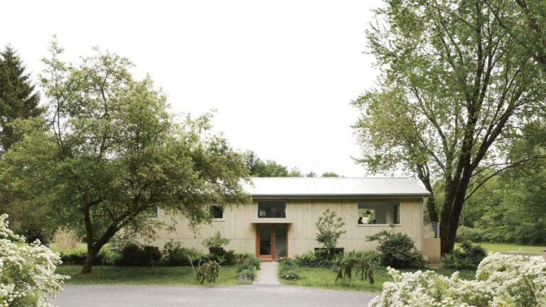 Svetlý moderný dom s veľkými oknami, drevenou fasádou a vstupom v objatí stromov.