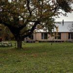 Dieťa v modrom oblečení stojí vedľa koňa a piknikového stola na lúke pred dreveným domom