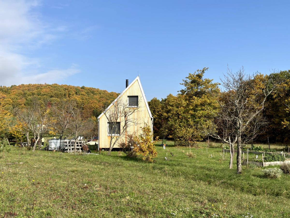 Predná strana domu s dreveným obkladom, šikmou strechou a dvoma čiernymi oknami uprostred trávnatej plochy,