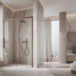 Sprchový kút s medeným rámom Oriana v modernej kúpeľni.