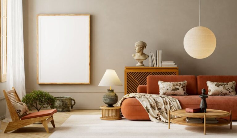 Obývačka so sedačkou v terakotovej farbe a dreveným nábytkom v japandi štýle.